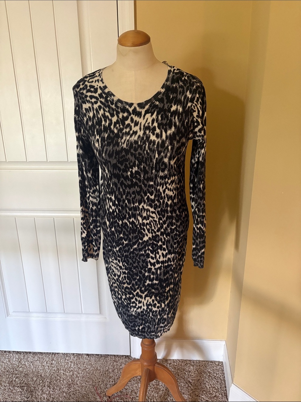 Cato Black and White Leopard-Print Long Sleeve Sweater Dress